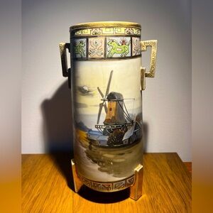 Nippon 1900 Hand Painted "Dutch Windmill" Footed Scenic Vase Antique Gold Unique